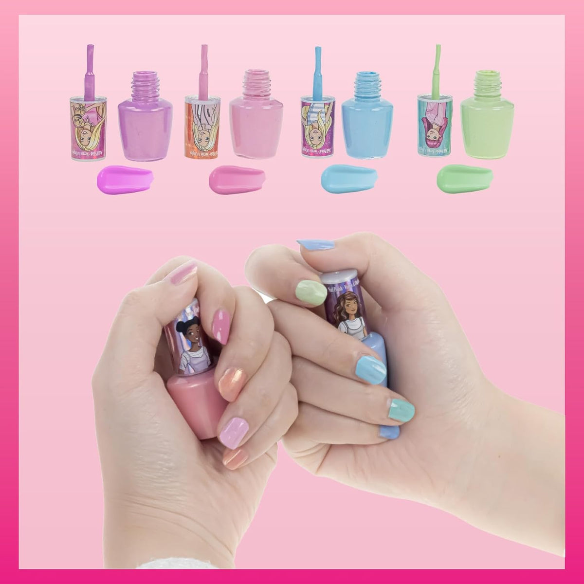 Townley Girl Barbie 8 Piece Nail Polish Set with Nail Dryer for Kids, Peel-Off Water-Based, Safe