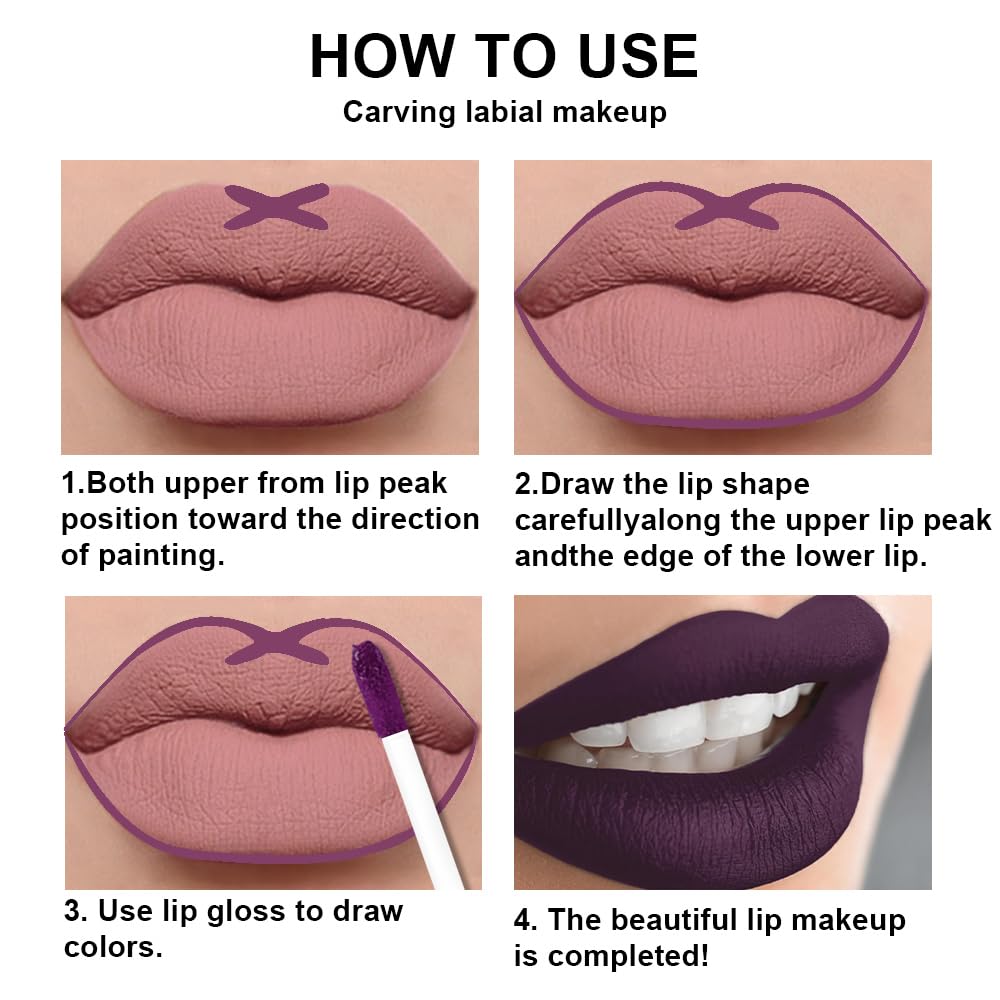 evpct 2Pcs Dark Deep Purple Matte Liquid Lipstick Lip Gloss Stain and Retractable Lip Liner Makeup