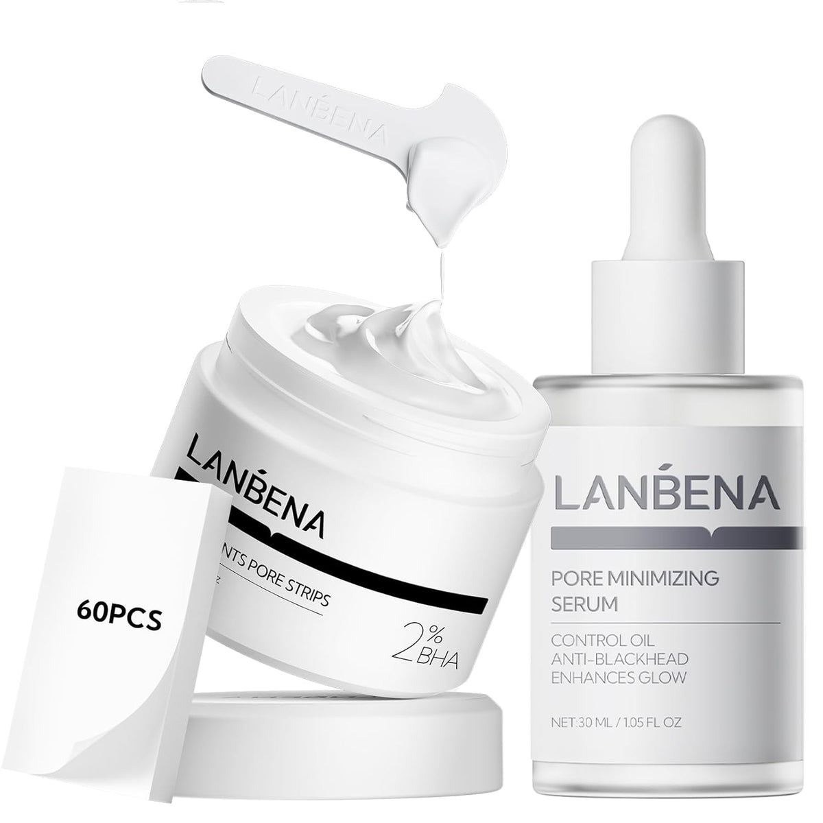 LANBENA 3 in 1 Blackhead Removing Set, Pore Strips+Pore Solution Serum+Removal Strip Paper, Black