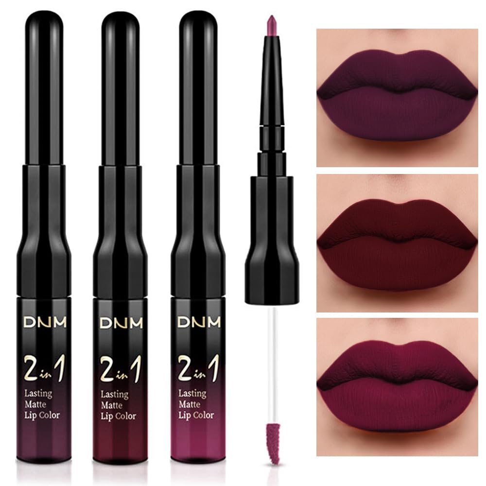 evpct 3Pcs Dark Red Purple Plum Matte Liquid Lipstick and Lip Liner Set for Women Matte Burgundy