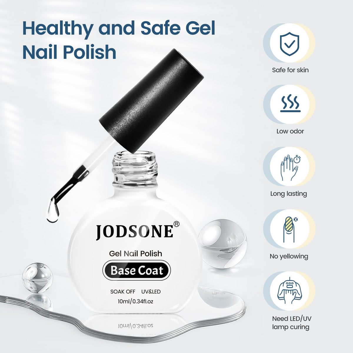 JODSONE 10ml Base Coat Gel Nail Polish Glossy Durable Gel Soak Off Clear No Wipe Nail Salon and DIY