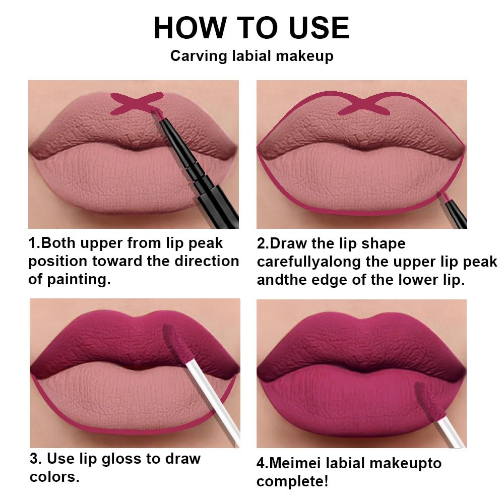 evpct 3Pcs Rose red plum Warm pink Deep cranberry Lip Stain Matte Lip Liner and Lipstick Set Long