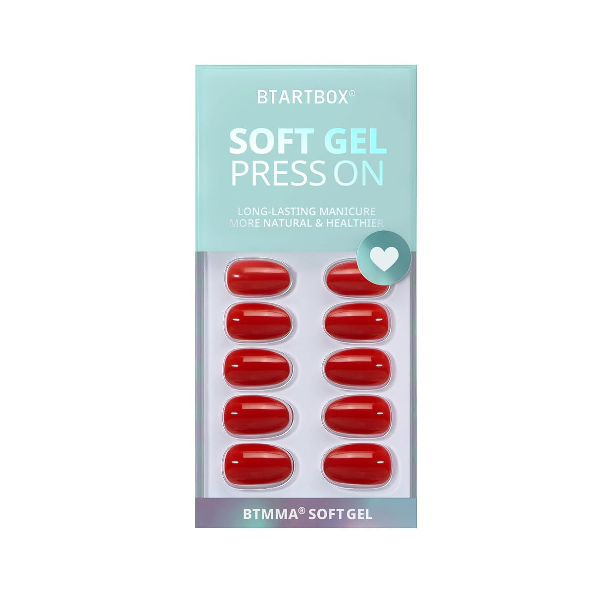 BTArtbox Press On Nails Short - Red Press on Nails, Short Oval Fake Nails with Nail Glue, Natural