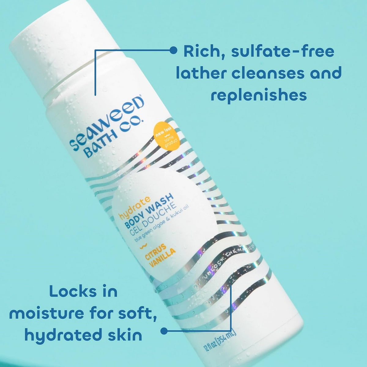 Seaweed Bath Co. Hydrate Body Wash, Citrus Vanilla Scent, 12 Ounce, Shower Gel for Men & Women