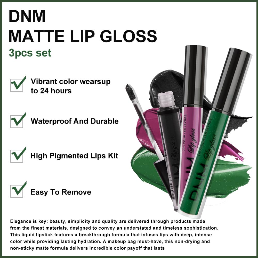 evpct 3Pcs Dark Black Grape Plum purple Emerald Green Matte Liquid Lipstick Lip Stain Sets for