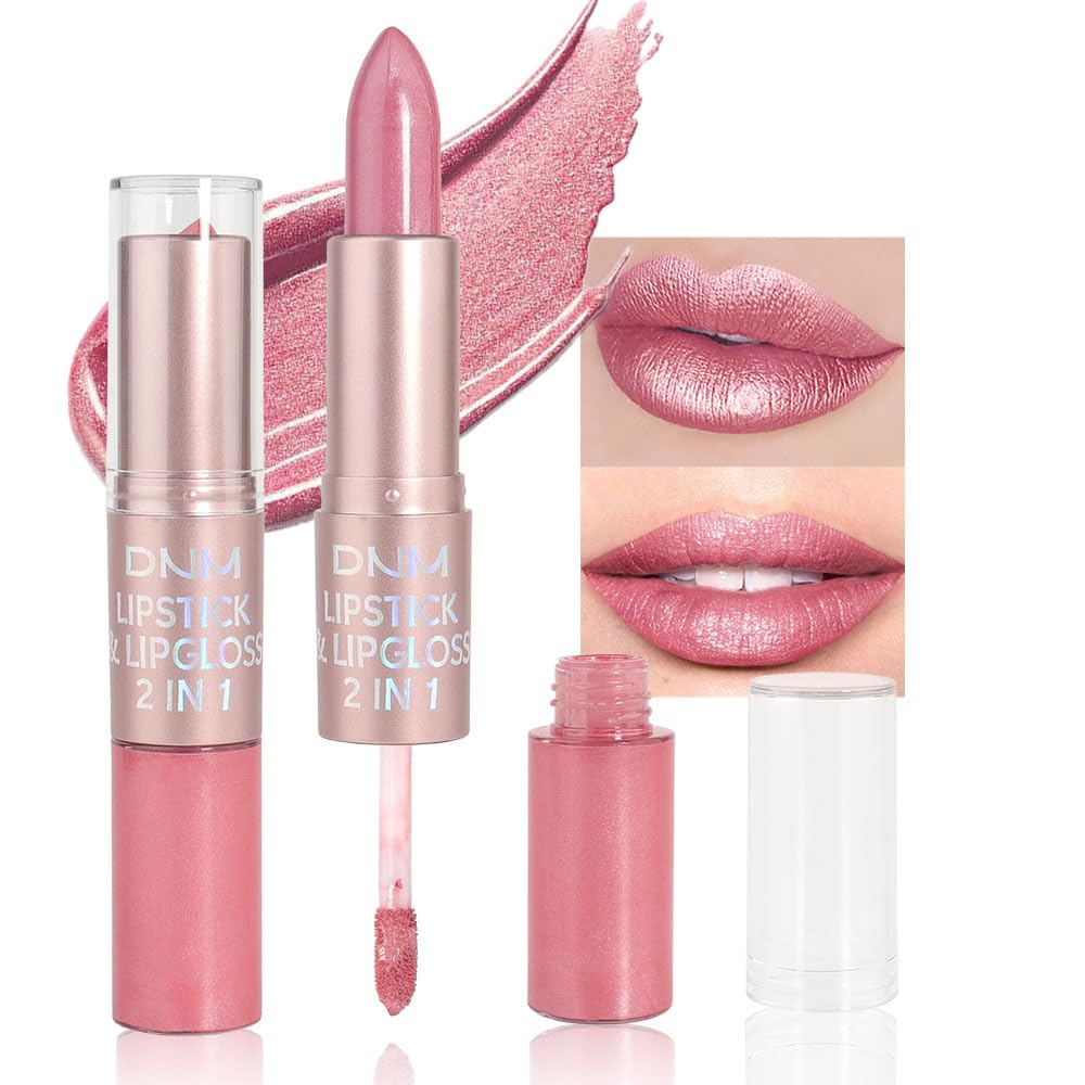 evpct 2 in 1 Light Pink Glitter Metallic Shimmer Diamond Lipstick and Lip Gloss Set for Women Long