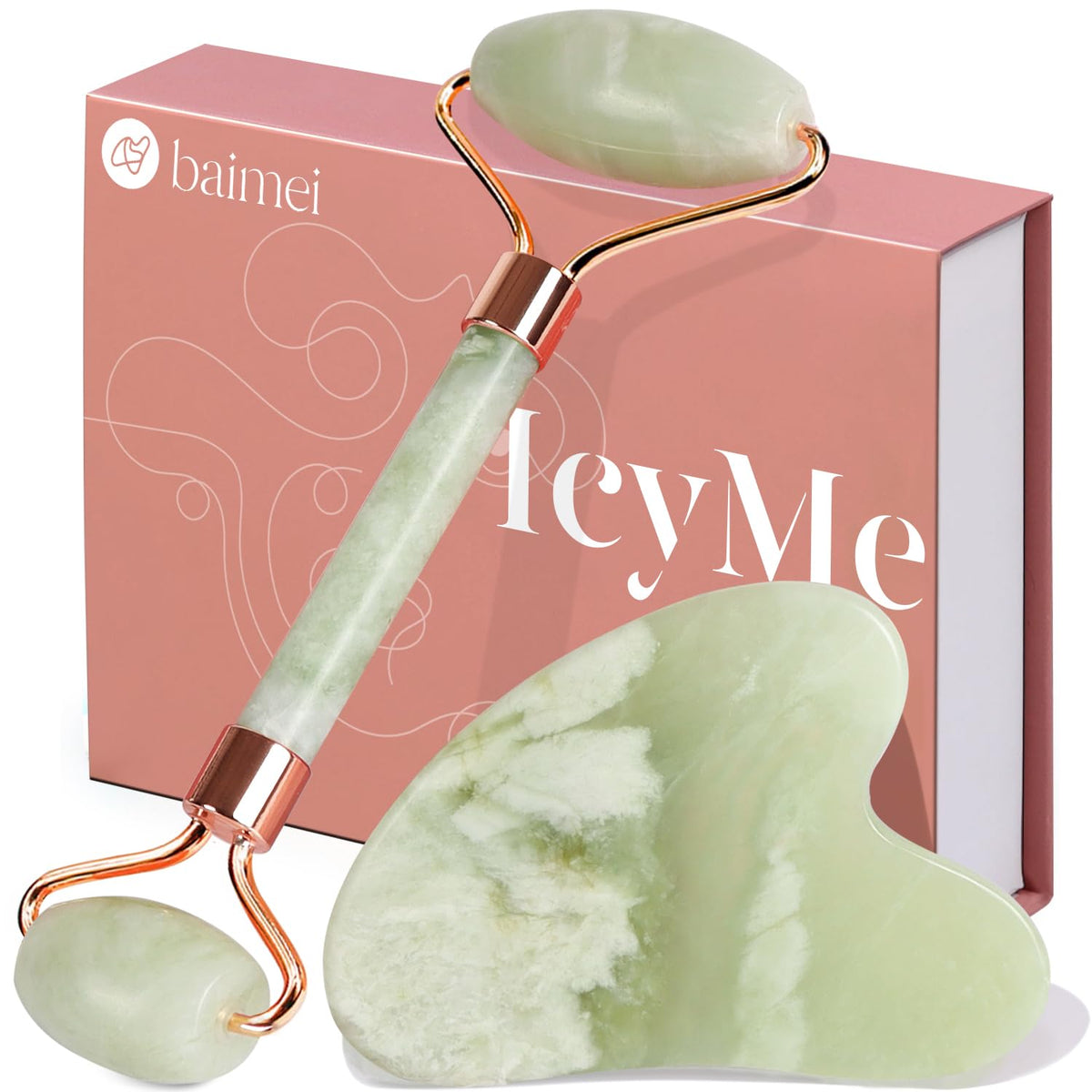 BAIMEI Jade Roller & Gua Sha Set Face Roller and Gua Sha Facial Tools for Skin Care Routine and