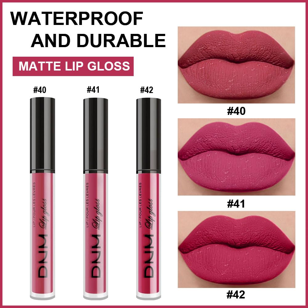 evpct 3Pcs Mauve red Berry pink Rose red Matte Liquid Lipstick Sets for Women 24-hour