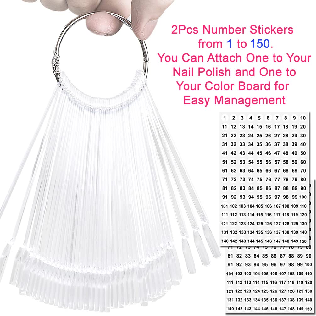 JASSINS 150 Pcs Nail Swatch Sticks with Ring and Number posted, Clear Fan-shaped Nail Art Polish