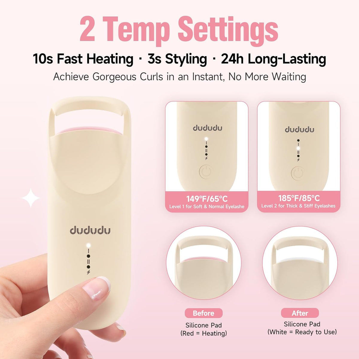 DUDUDU Heated Eyelash Curler, Portable Travel-Size Mini Electric Heated Lash Curler - 2-Level