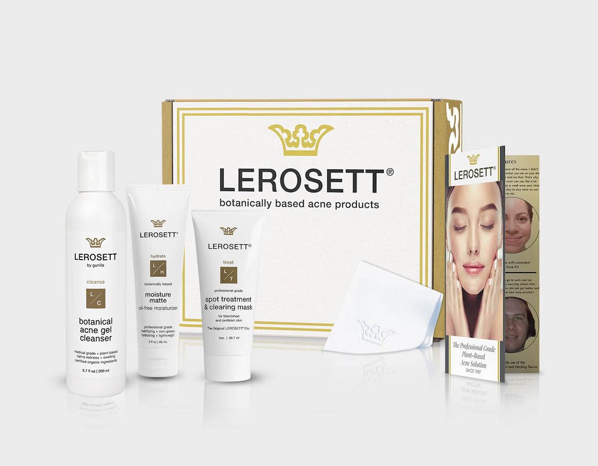 LEROSETT Acne Kit Includes Cleanser Moisturizer & Spot Treatment Mask Organic Calming Aloe & Clay