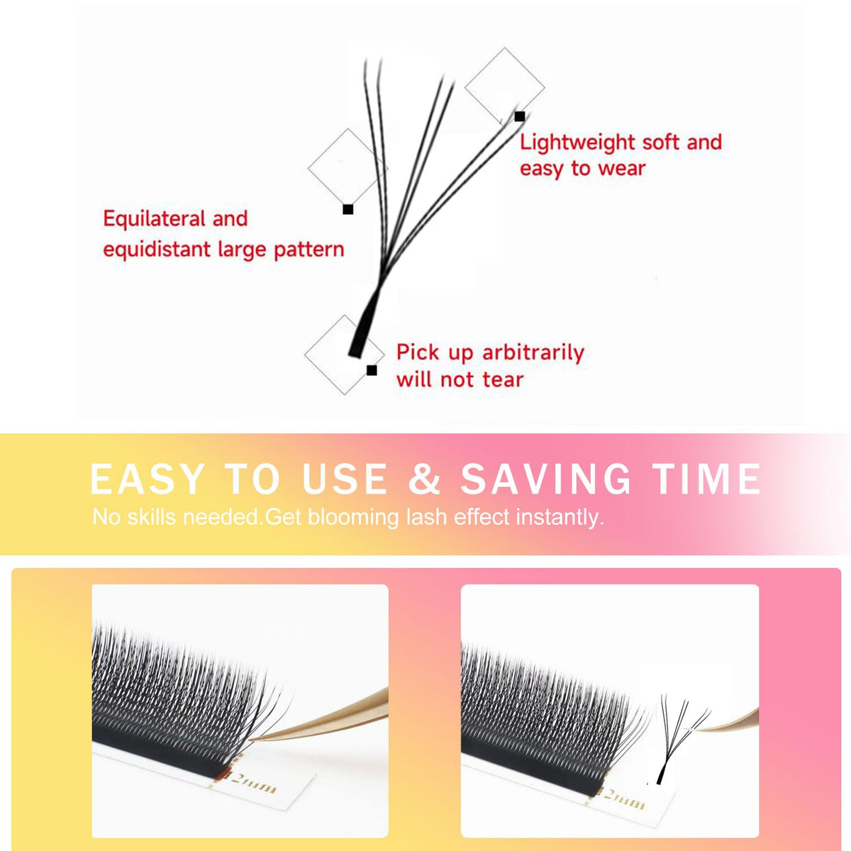 Lash Extensions Double Tips 3D Eyelash Extensions W Shape 0.07mm Thickness C Curl Mix 8-15mm