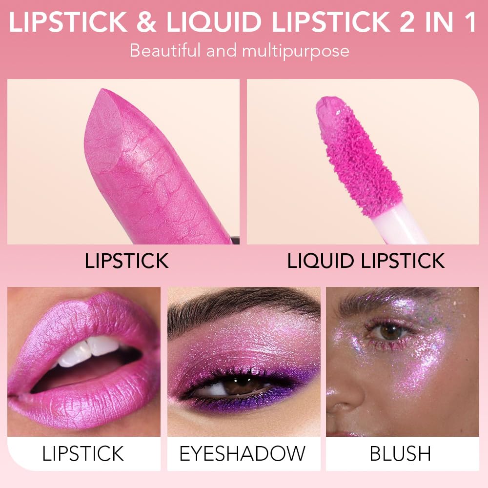 evpct 2 in 1 Hot Pink Glitter Metallic Shimmer Diamond Lipstick and Lip Gloss Set for Women Long