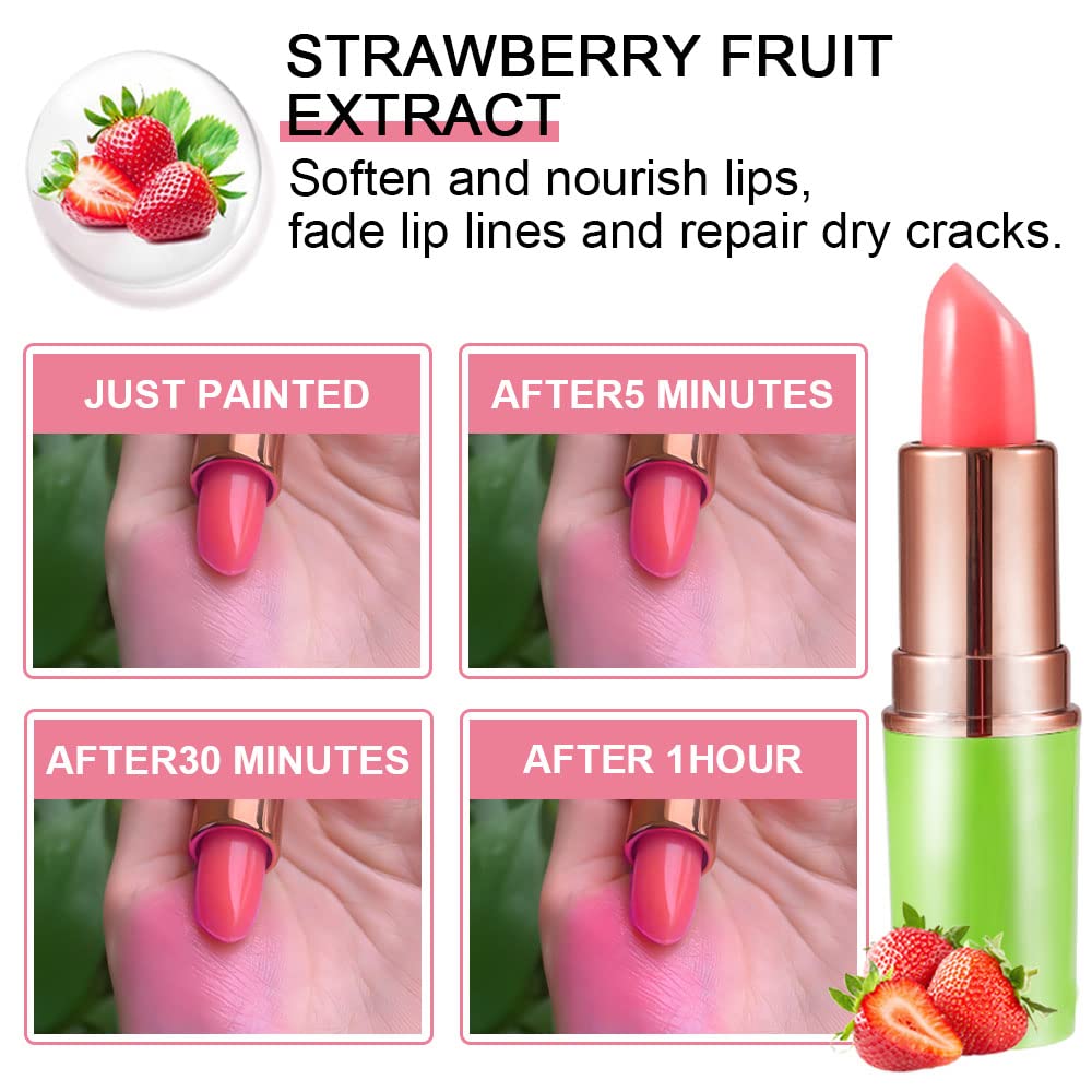 evpct 2Pcs Strawberry Color Changing Lipstick Tinted Lip Balm Gloss Stain Set Magic PH Color