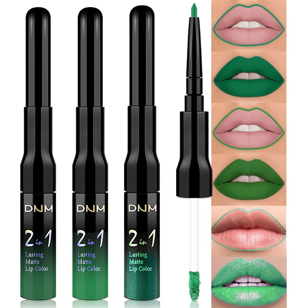 evpct 3Pcs Green Matte Shimmer Lip Liner & Liquid Lipsticks Stain Makeup Set for Women, Green Lip