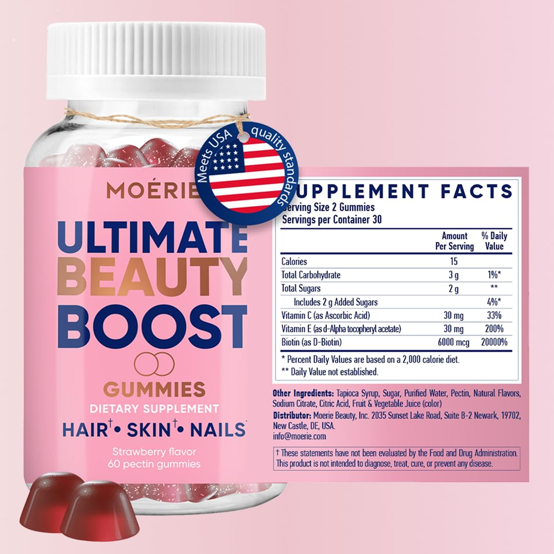 Moerie Hair Skin and Nails Gummies for Women & Men - Biotin for Hair Loss, Gummy Vitamins & Growth