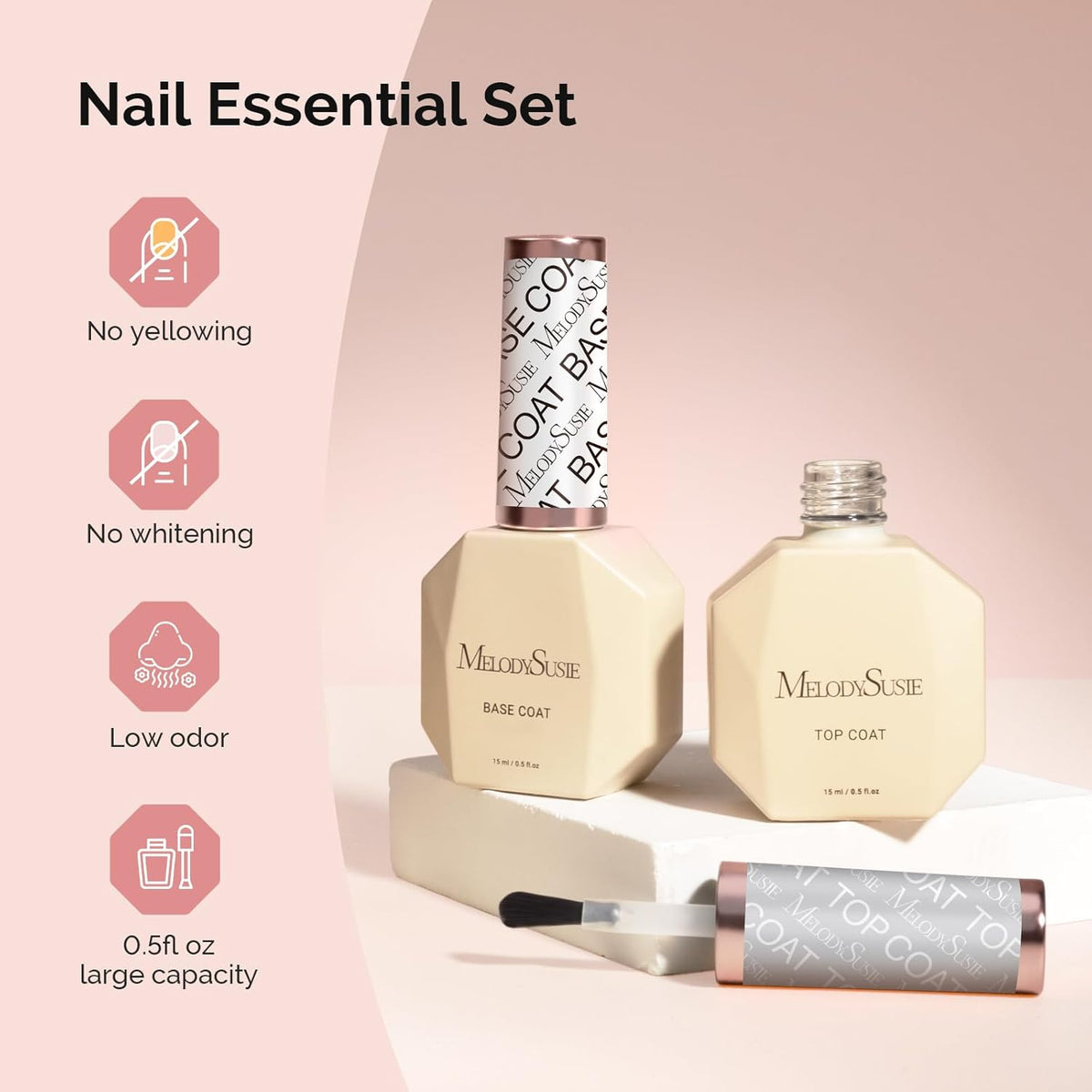 MelodySusie Top Coat Base Coat No Wipe Glossy Set Long Lasting Shine Finish Soak Off UV LED Nail