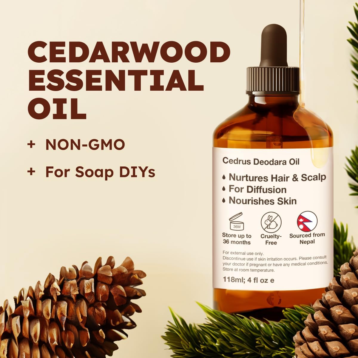 Kukka Cedarwood Essential Oil for Hair Skin & Diffuser - 4 Fl Oz - Cedarwood Oil for Hair