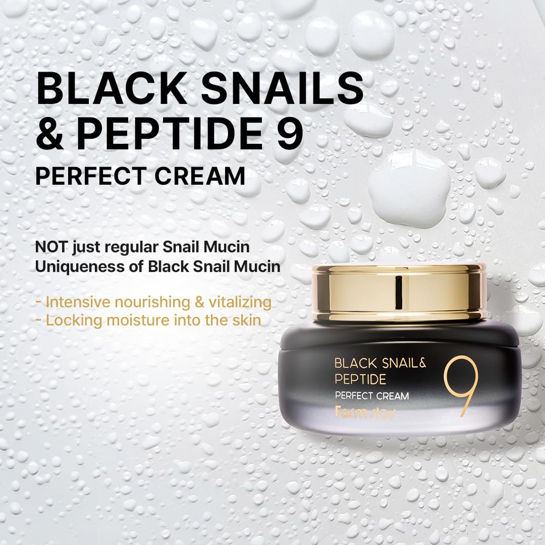 FARMSTAY Black Snail & Peptide 9 Perfect Cream, Snail Mucin Moisturizer for Elastic & Glow Skin