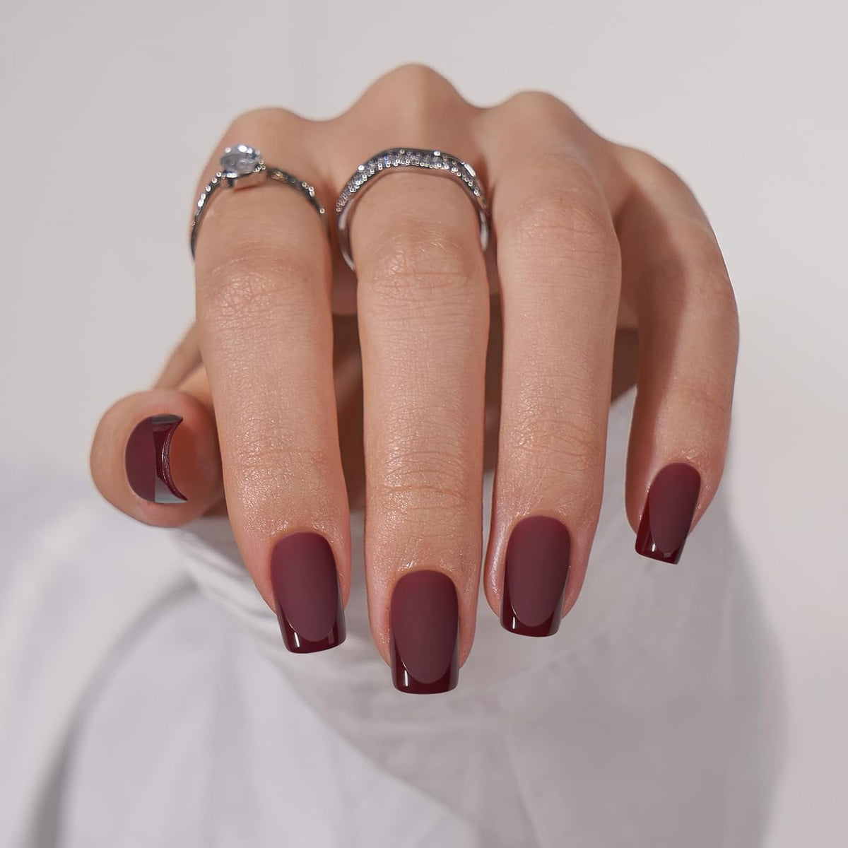 BTArtbox Press on Nails Short Square - Dark Red Nails with Glossy French Tips in a Matte Finish