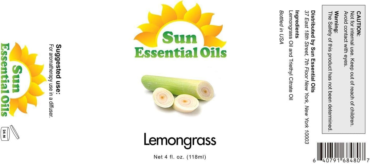 Sun Essential Oils - Lemongrass Essential Oil 4 oz with Dropper for Diffuser, Hair & Skincare
