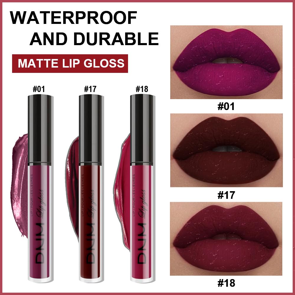 evpct 3Pcs Dark Red Purple Plum Matte Liquid Lipstick Sets for Women Matte Lip Stain Long Lasting