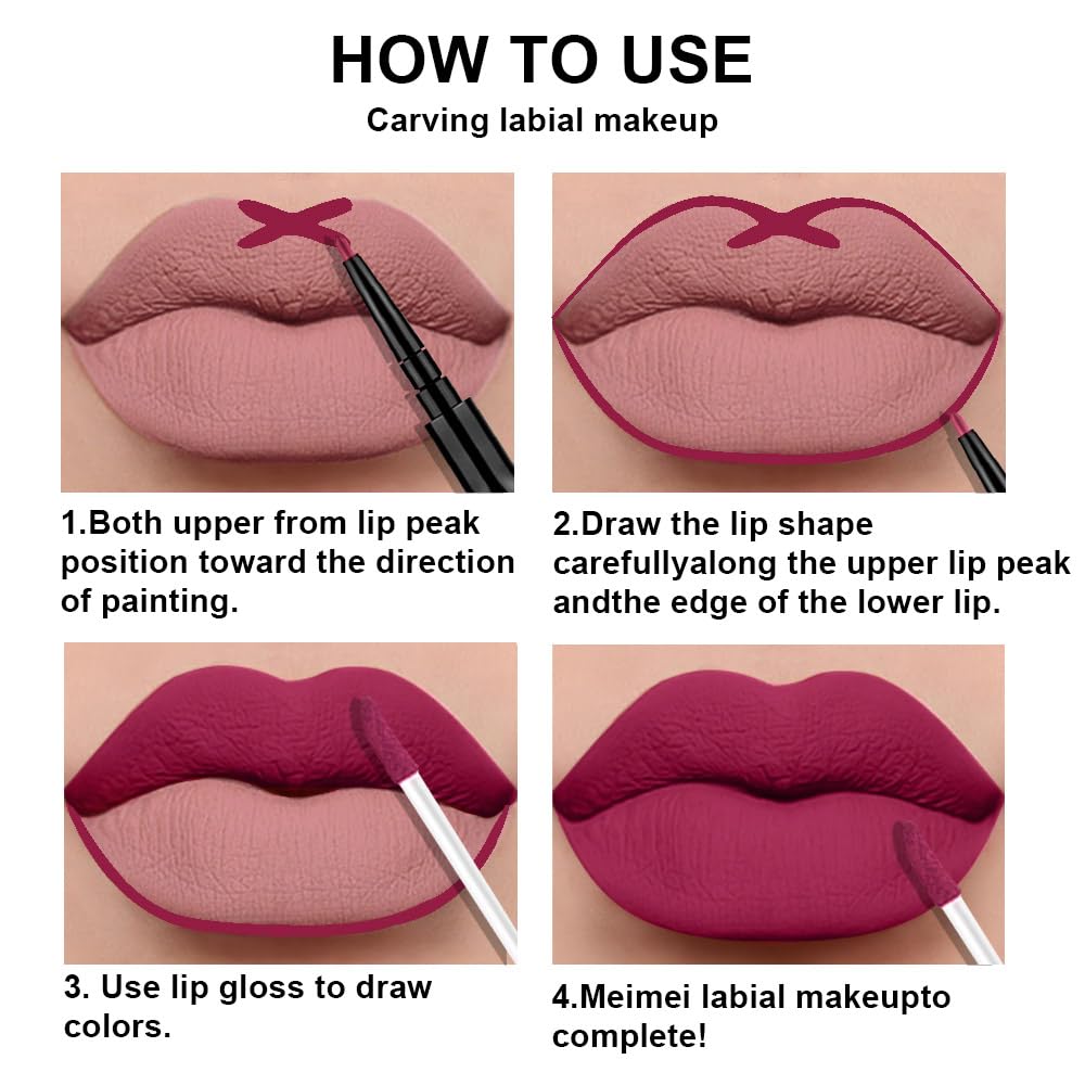 evpct 3Pcs Mauve pink Berry pink Rose red Lip Stain Paint Matte Lip Liner and Lipstick Set Long
