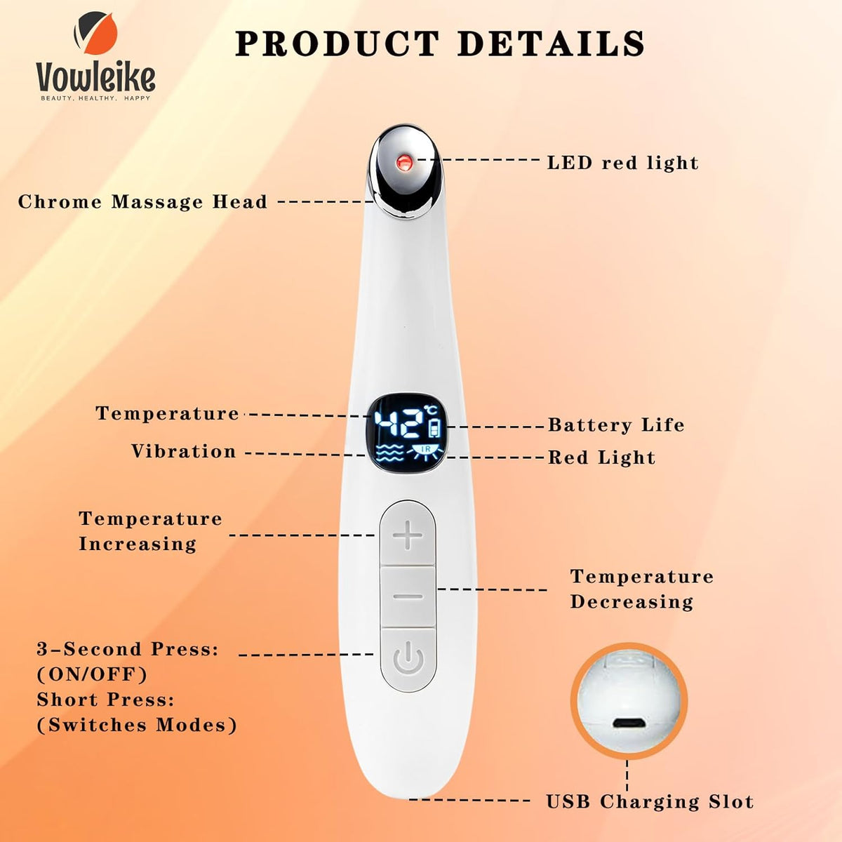 3 in 1 Eye Lift Wand, Vibrating 98°F to 113°F LCD Display Screen Massager for Dry Eyes, Dark