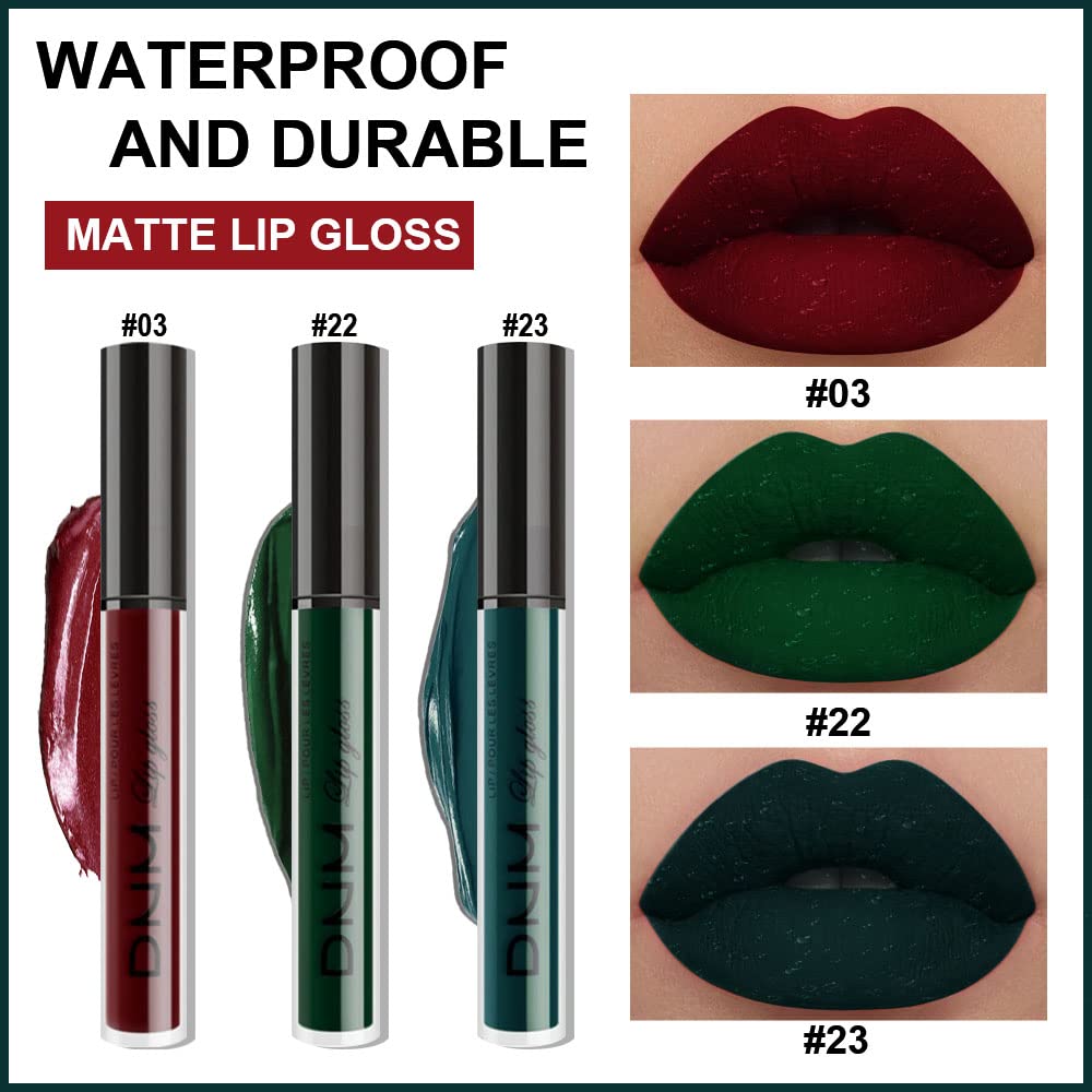 evpct 3Pcs Dark Color Colored Red Emerald Green Matte Liquid Lipstick Make up Set 24 Hour Long