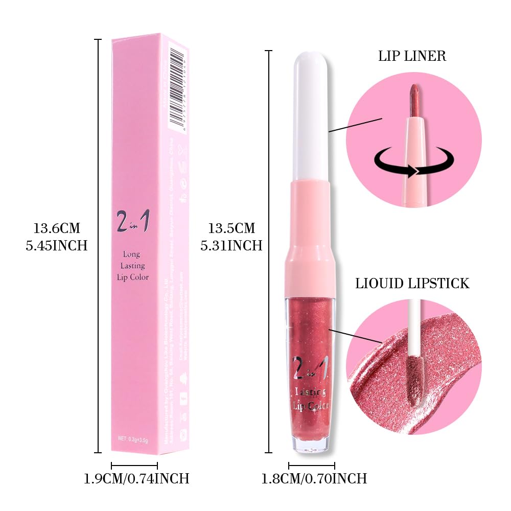 evpct Mauve Red Metallic Glitter Lip Liner and Lipstick Combo Lip Gloss Stain Set Makeup for Women