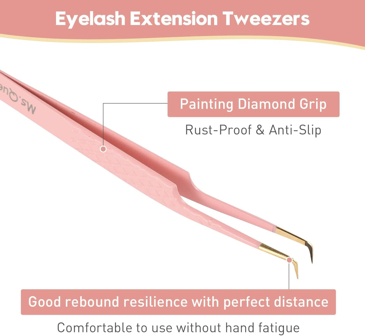 Ms.Queen Lash Extension Tweezers,Diamond Grip 90 Degree False Lashes Tweezers 3D 6D Mink Eyelash