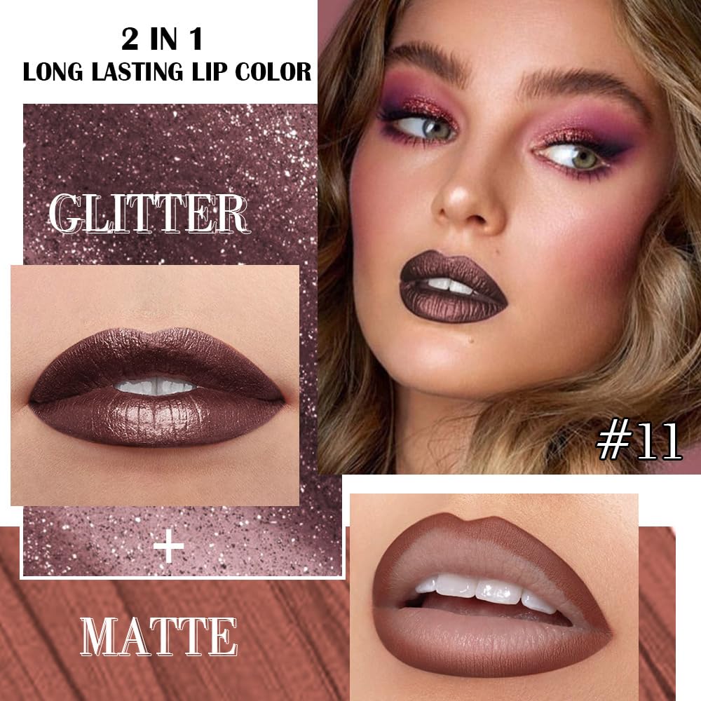 evpct Dark Brown Metallic Glitter Lip Liner and Lipstick Combo Lip Gloss Stain Set Makeup for Women