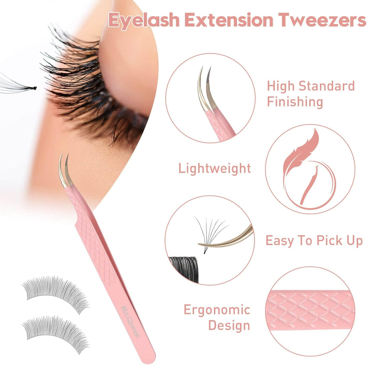 Ms.Queen Volume Lash Tweezers Set,2Pcs Fiber Tip 45 Degree Volume and Curved Isolation Eyelash
