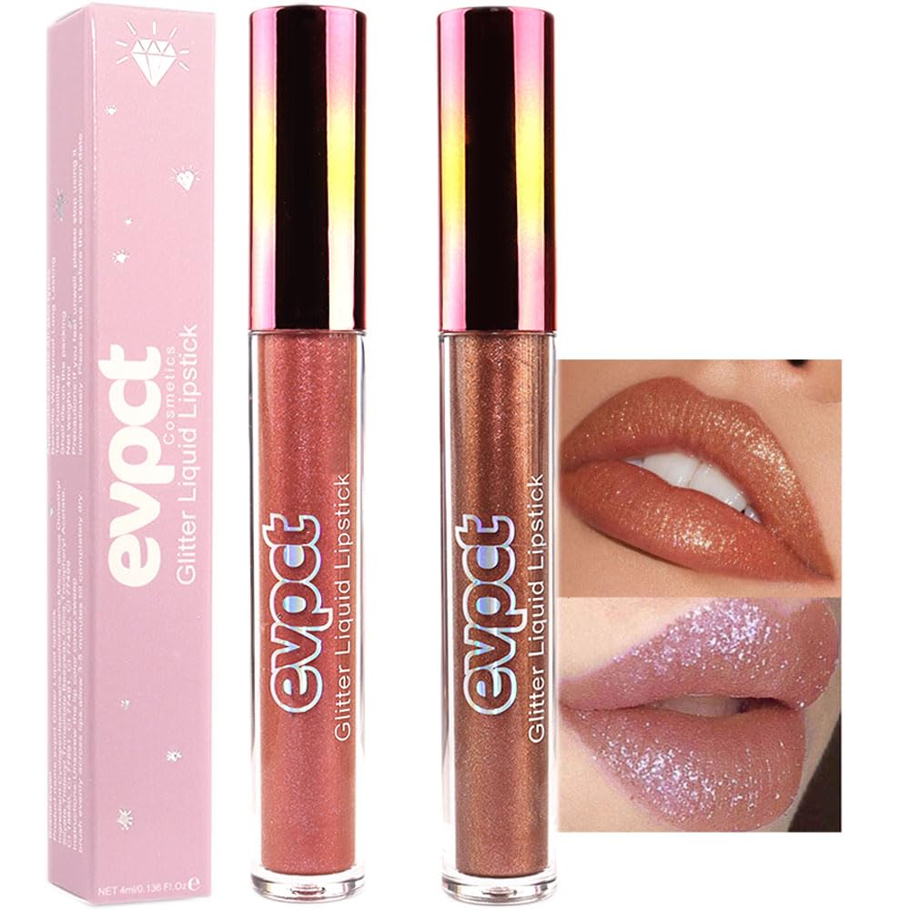 evpct 2Pcs Bronze Gold Nude Gold Matte to Glitter Liquid Lipstick Set for Women Long Lasting Glossy