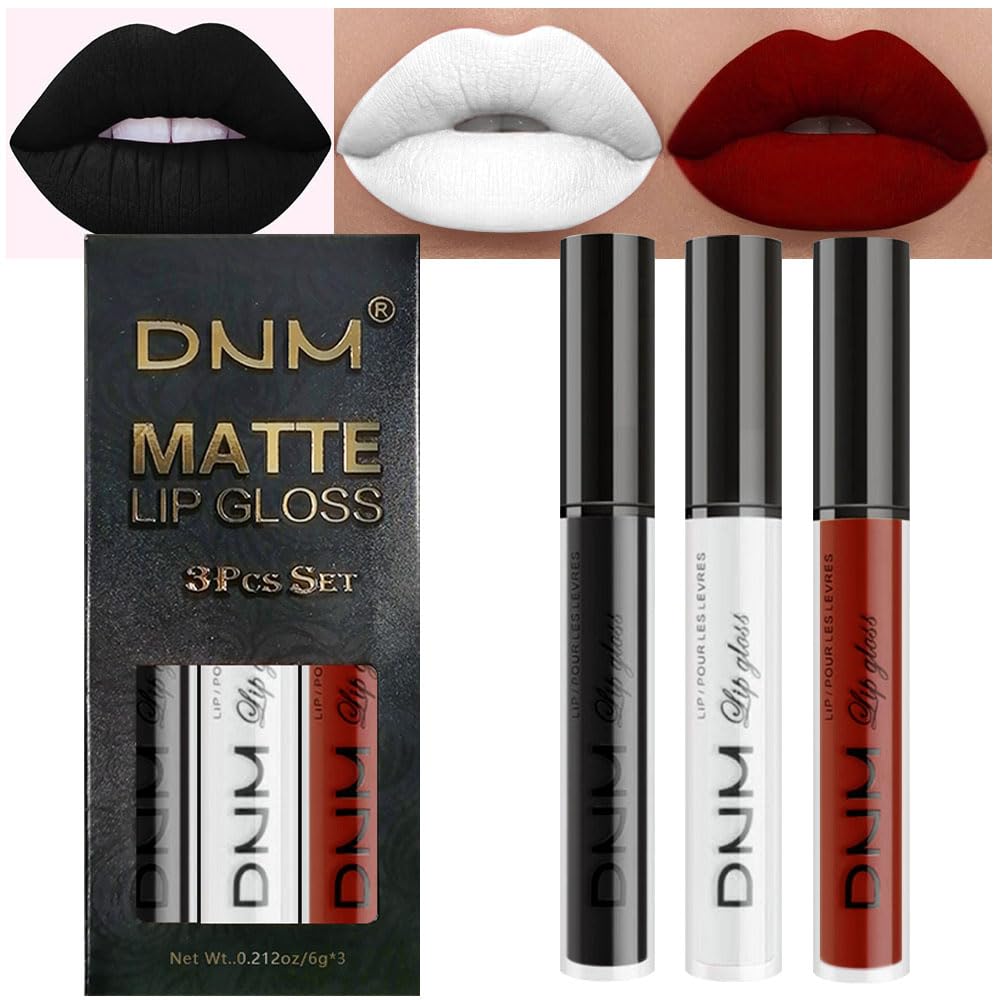 evpct 3Pcs Dark Black White Red Matte Liquid Lipstick Lip Stain Sets for Women Matte+Lipstick Long