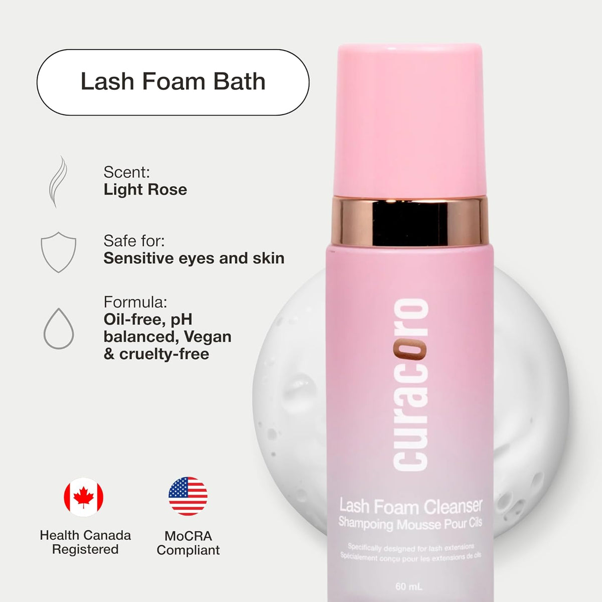 CURACORO 60ML Eyelash Extension Cleanser (Rose Scented) - Lash Shampoo for Lash Extensions, Eyelash