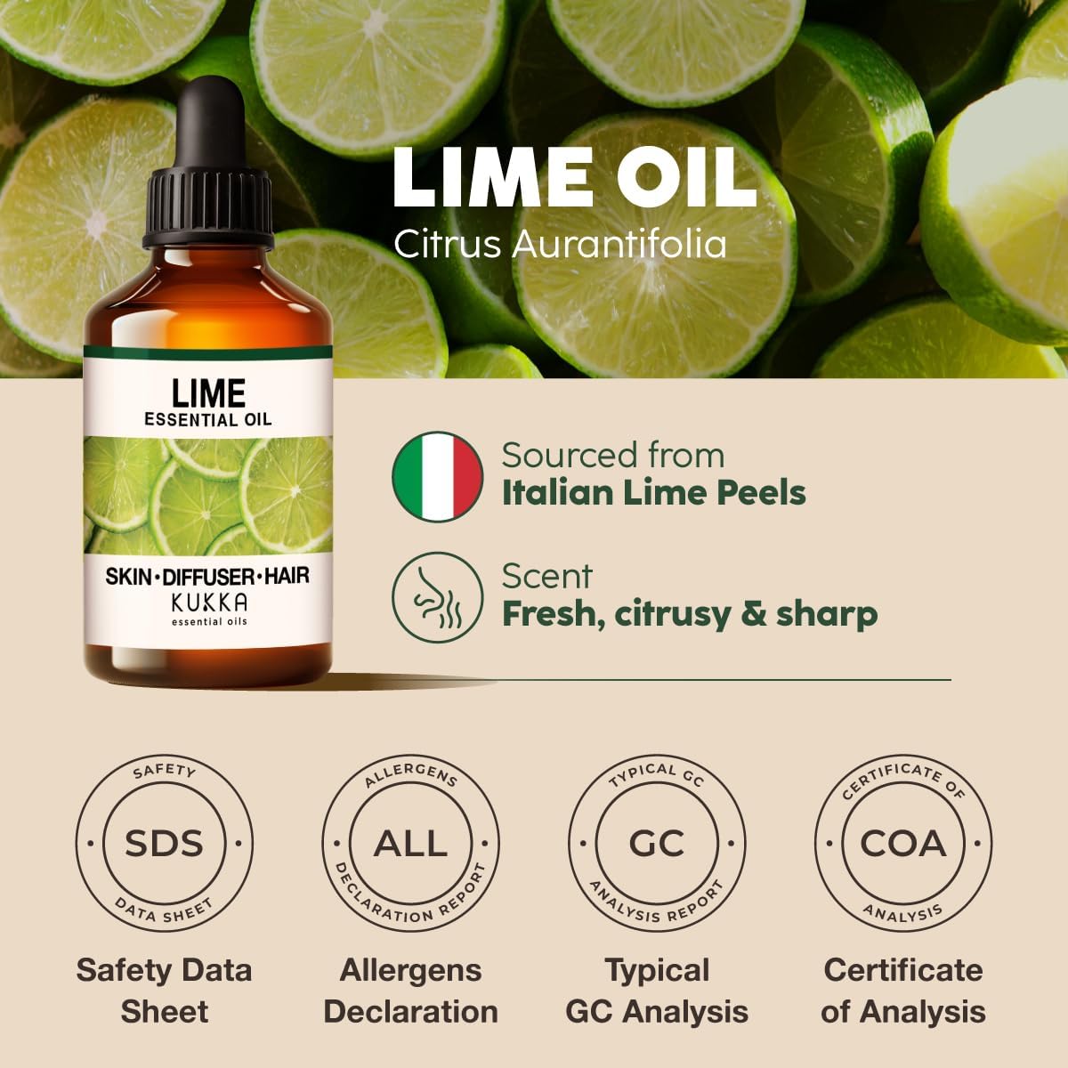 Kukka Lime Essential Oil for Skin - 4 Fl Oz - Lime Oil for Diffuser, Hair, Candles, DIY Soap Making