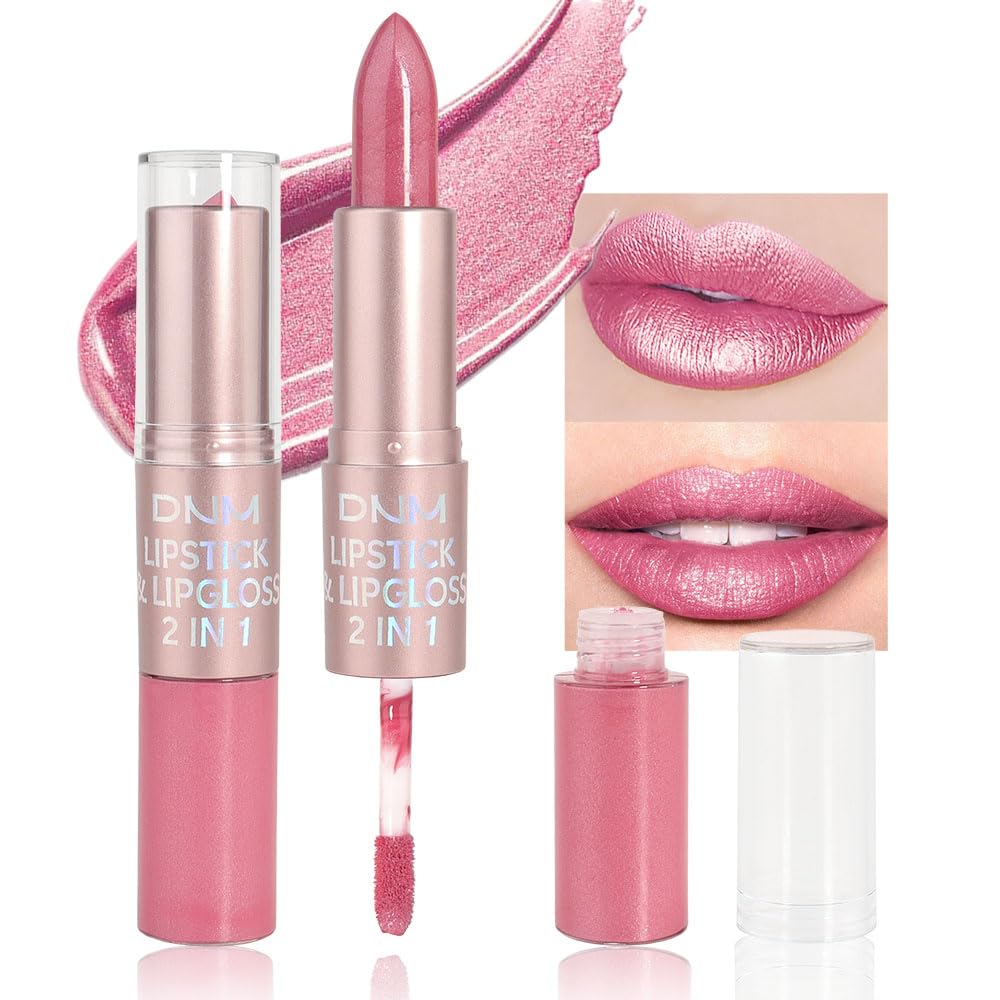 evpct 2 in 1 Rose Pink Glitter Metallic Shimmer Diamond Lipstick and Lip Gloss Set for Women Long