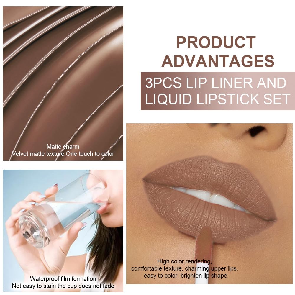 evpct 3Pcs Pale Neutral True Nude Matte Lip Liner & Liquid Lipstick Stain Makeup Set for Women, Lip