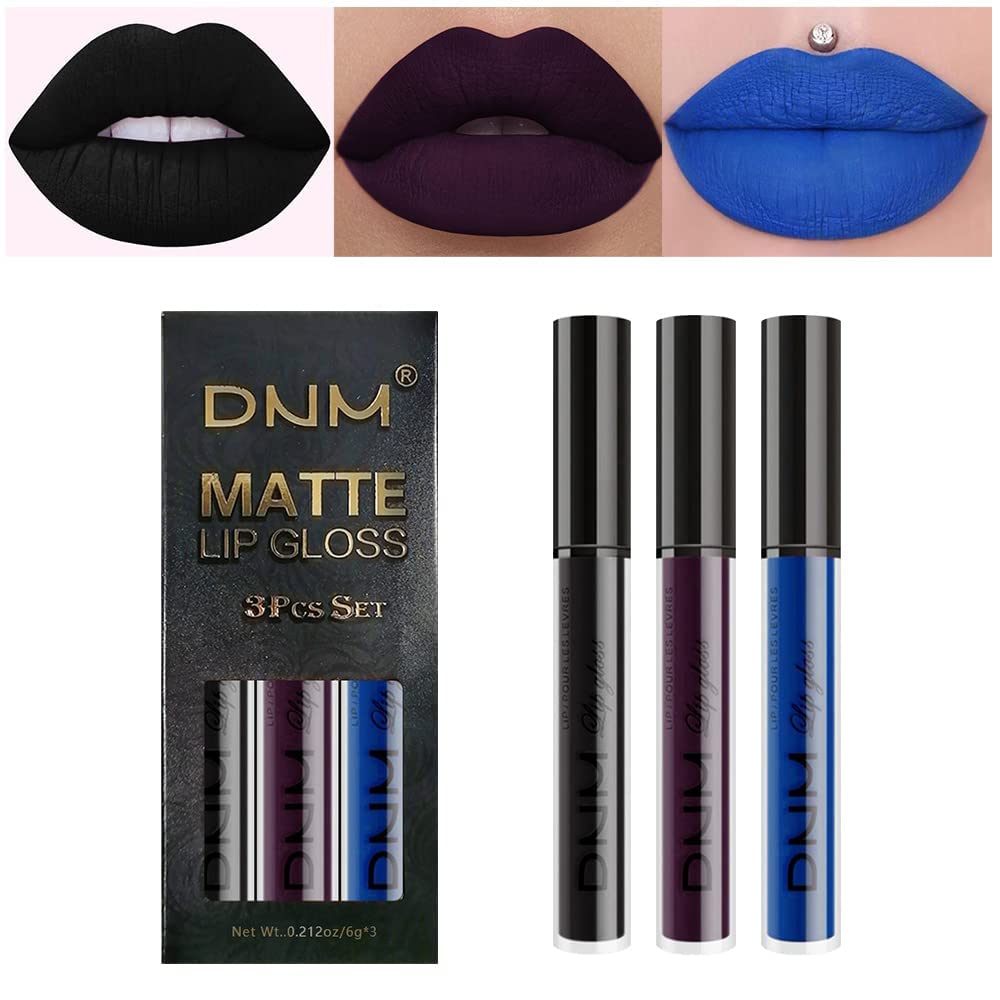evpct 3Pcs Dark Black Purple Blue Matte Liquid Lipstick Halloween for Women Long Lasting Smudge