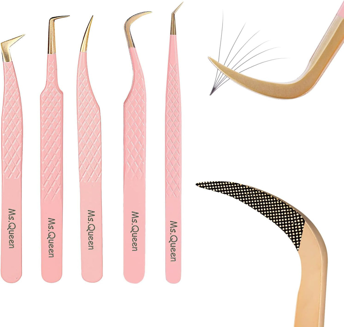 Ms.Queen Lash Tweezers For Eyelash Extensions,5Pcs Professional Fiber Tip Grip Curved 45 90 Degree