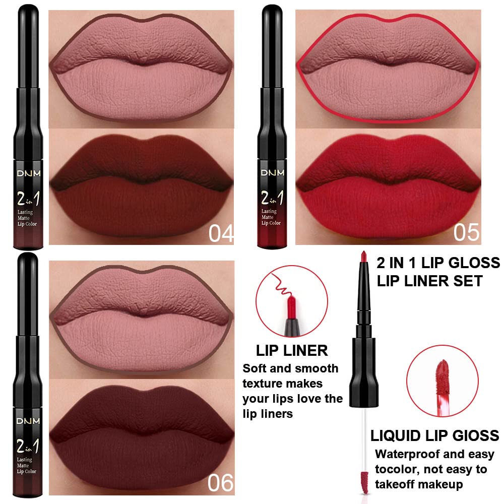 evpct 3Pcs Dark Brown Ruby Deep Red Matte Lip Liner Pencil and Liquid Lipstick Sets for Women Long