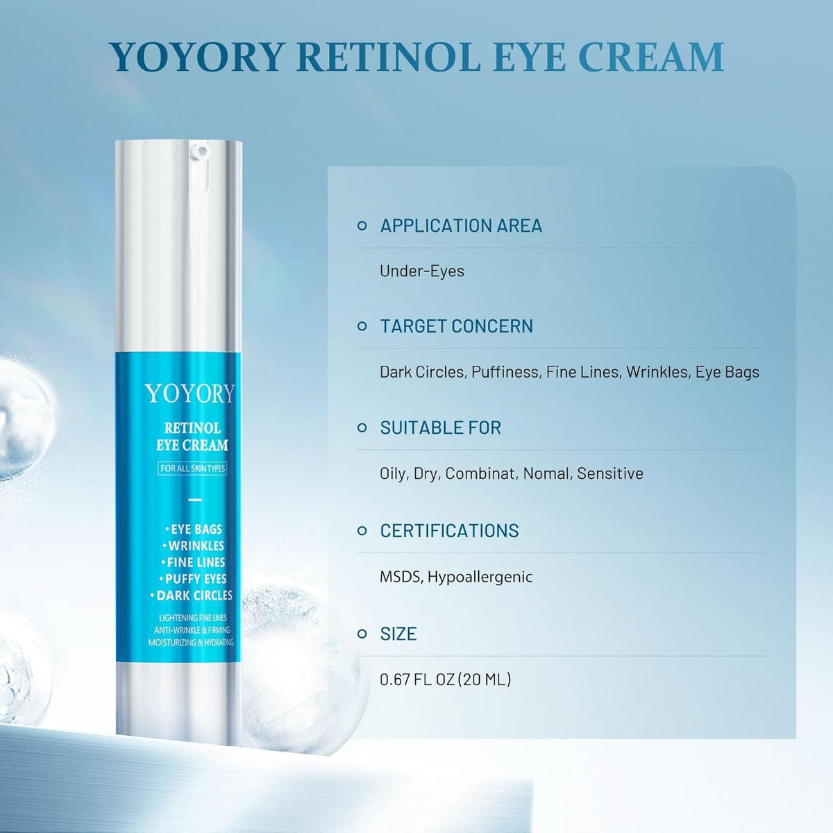 Retinol Under Eye Cream - Anti-Aging Eye Cream for Eye Bags, Dark Circles, and Fade Wrinkles, Fine
