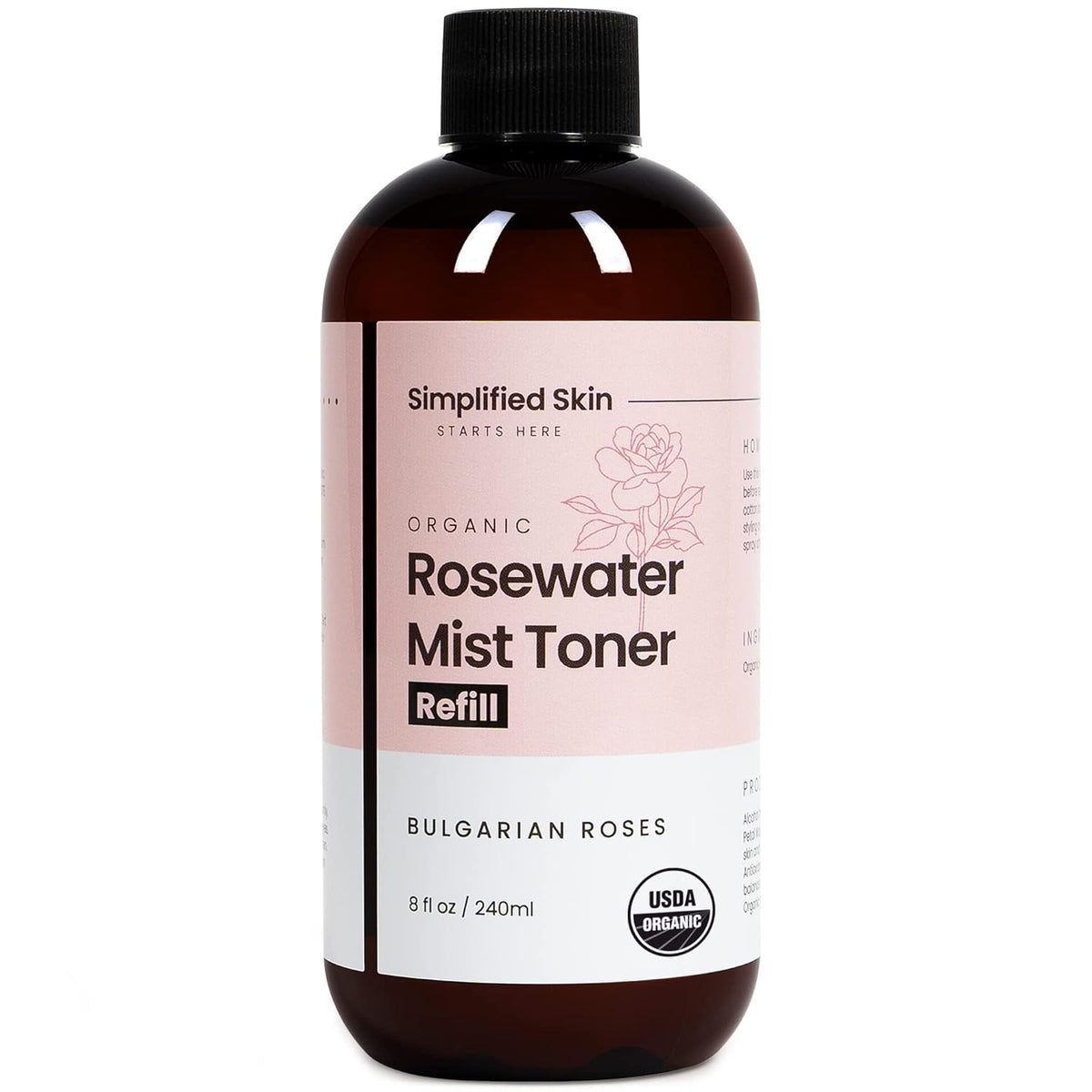 Rose Water Spray for Face & Hair (Refill) - Organic USDA Certified Rosewater Facial Toner