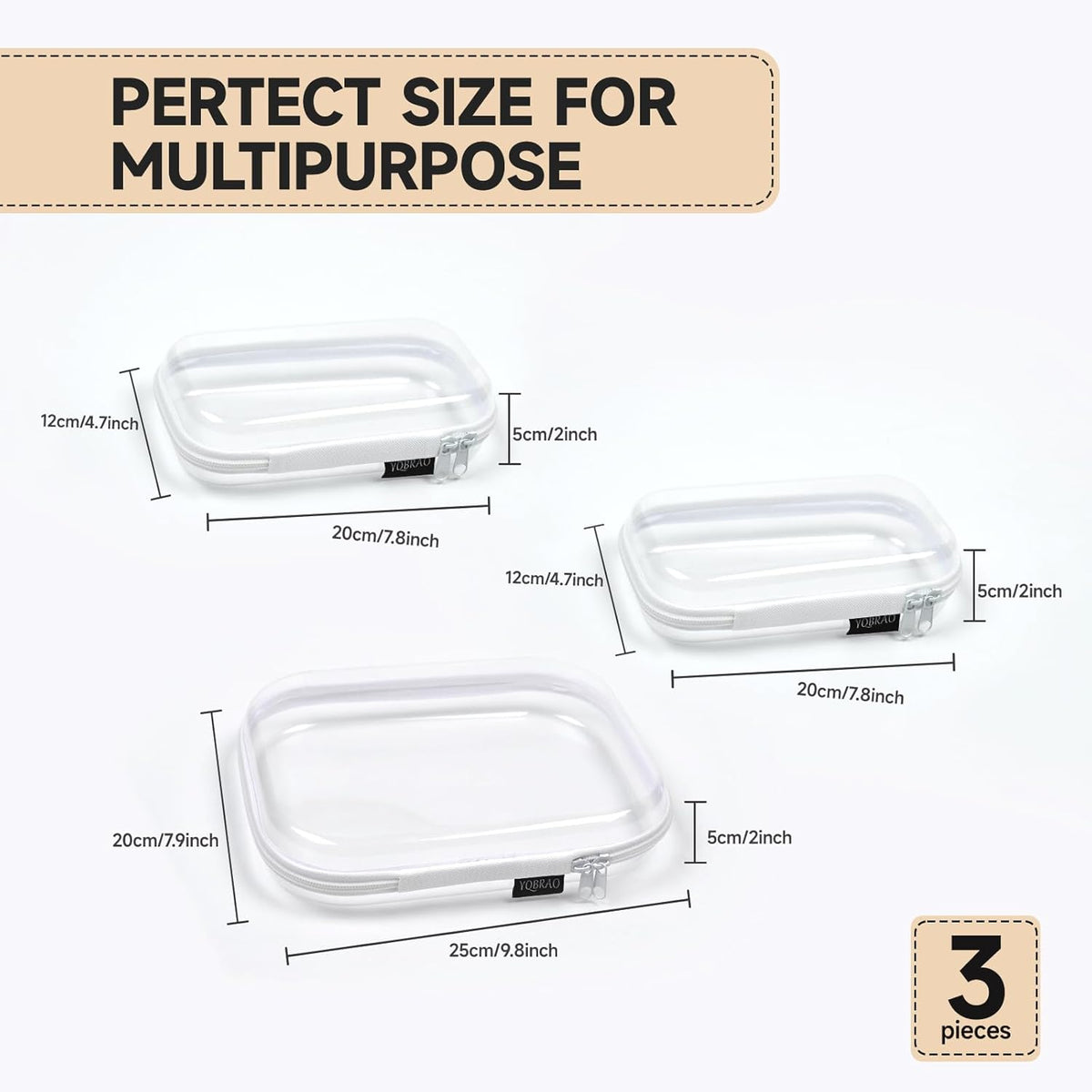 3 Pack Clear Hard Shell Zipper Case - Clear Waterproof Cosmetic Bag with Zipper, Kid's Toy Storage