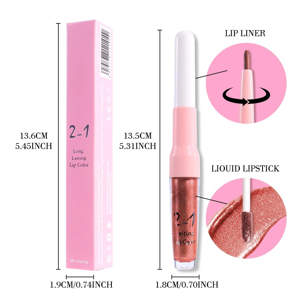 evpct Copper Metallic Glitter Lip Liner and Lipstick Combo Lip Gloss Stain Set Makeup for Women