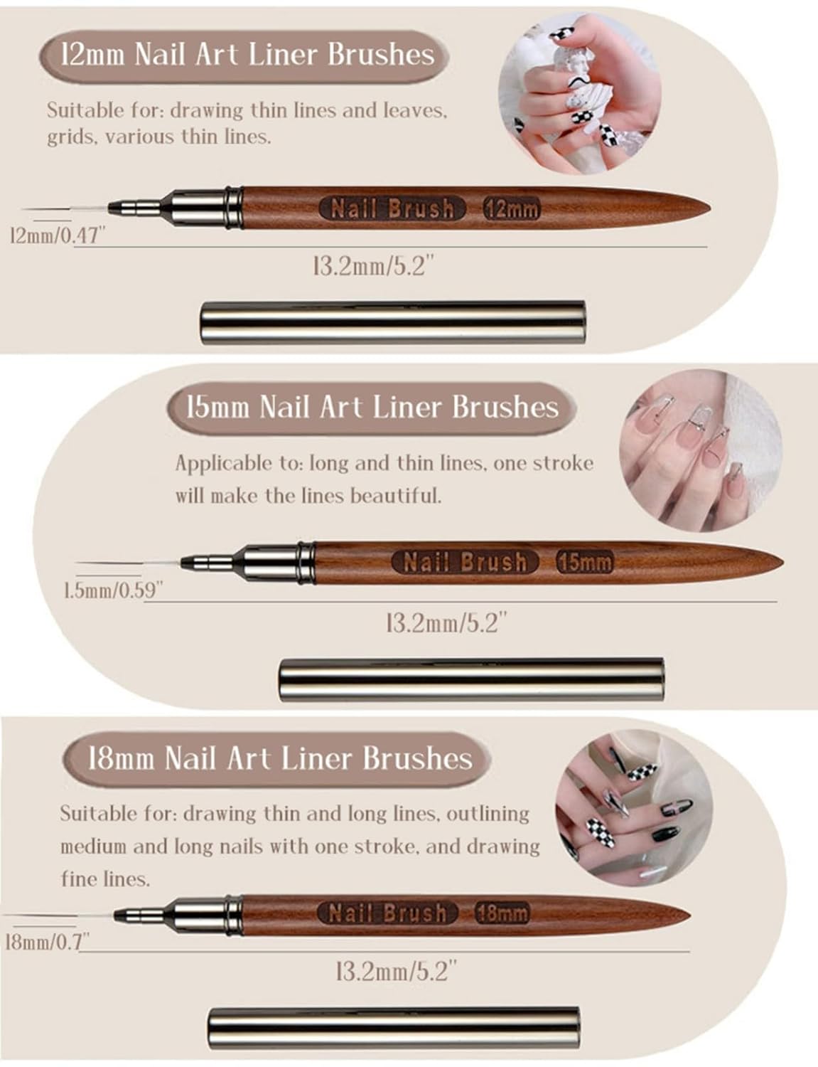 5Pcs Nail Art Liner Brushes, Fine Liner Striping Brush 6/9/12/15/18mm Thin Nail Art Design Brush