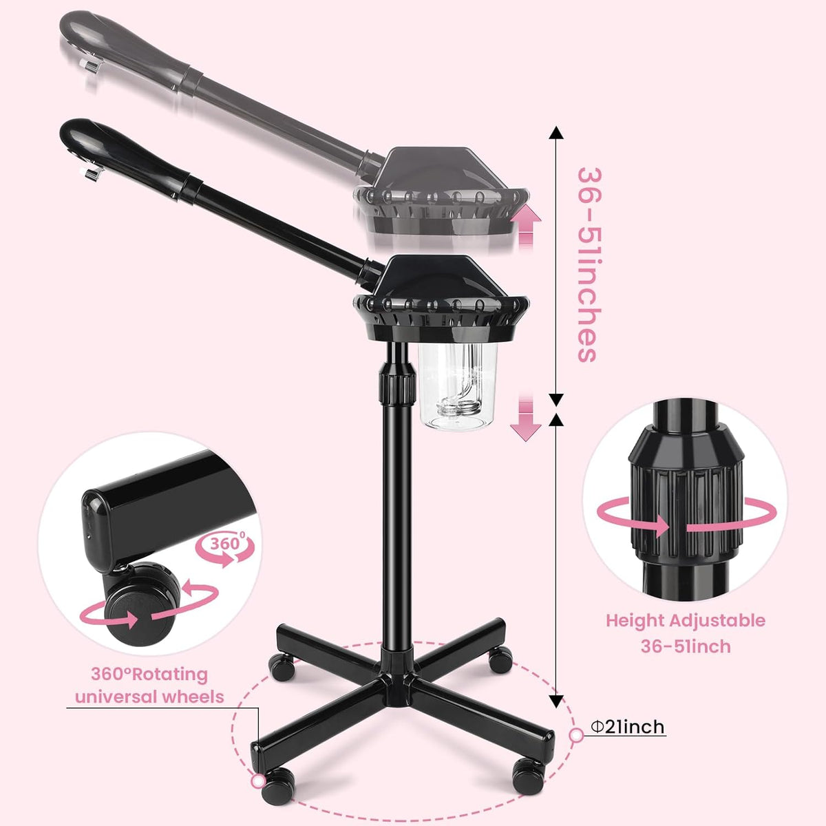 Professional Facial Steamer, Facial Steamer on Wheels with More Steam, Adjustable Height and Angle