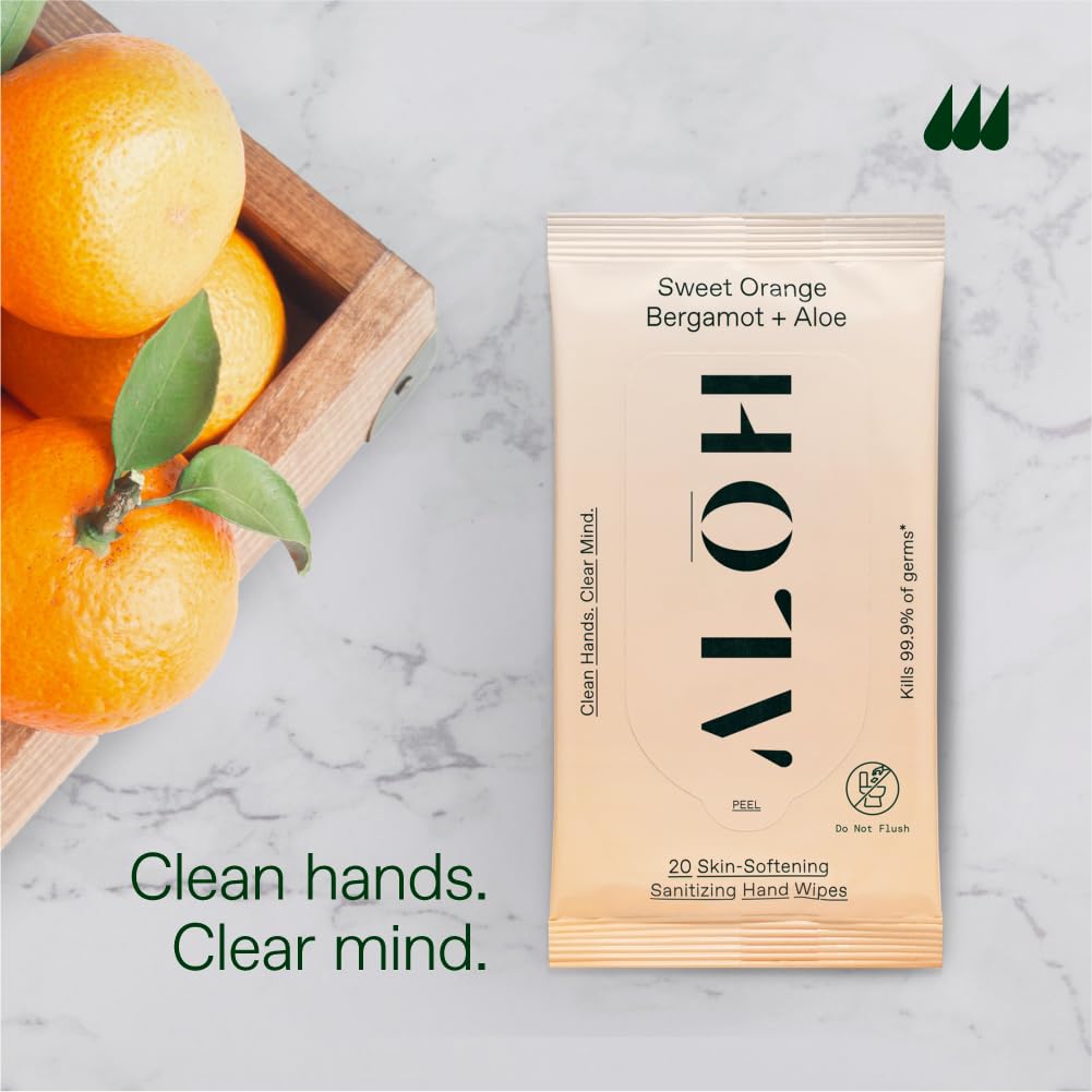 ALŌH Sweet Orange Bergamot + Aloe Sanitizing Hand Wipes - Clean Hands, Clear Mind - On The Go Hand
