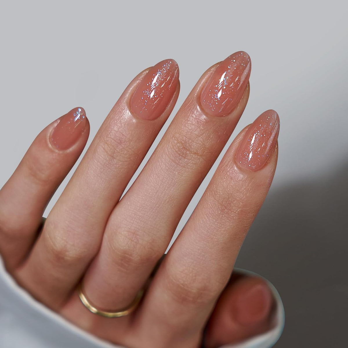 BTArtbox Press On Nails Short - Lamp-Curable Sparkly Almond Press On Nails with Glue for Women
